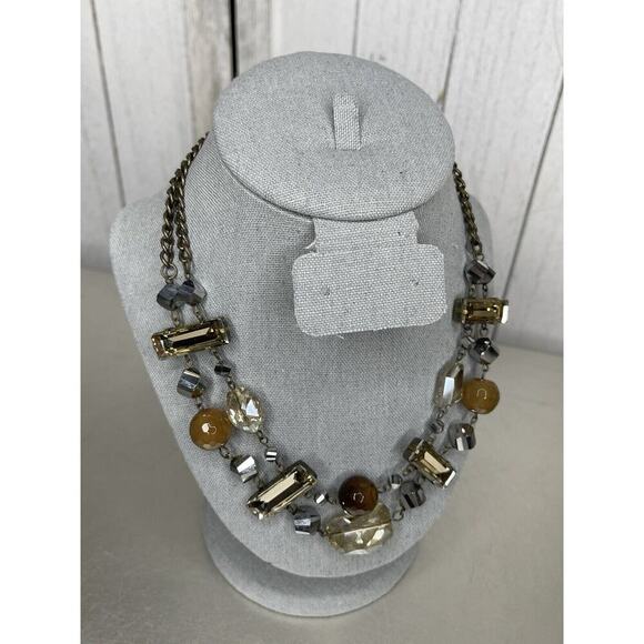 Chain Chunky Statement Necklace Rhinestone Silver Brown Tones Beaded - Picture 2 of 4